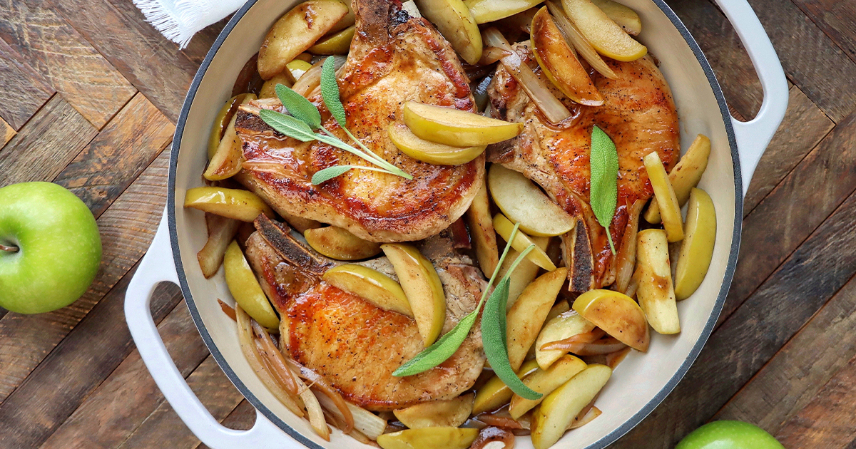 Seared Pork Chops with Granny Smith Apples and Caramelized Onions